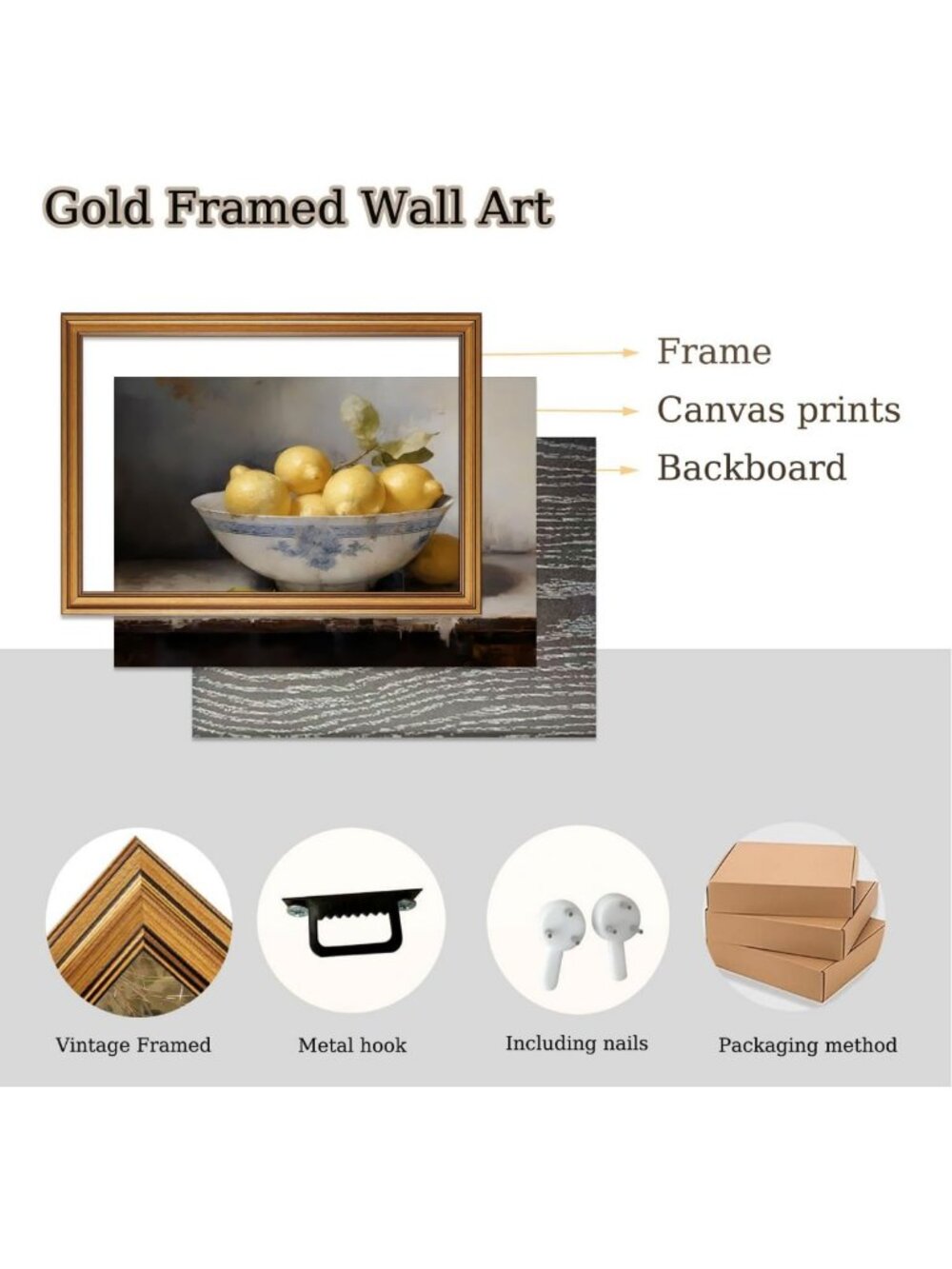 Vintage Lemons Still Life Canvas Print | Gold Framed Farmhouse Wall Art Decor - Picture 4 of 8